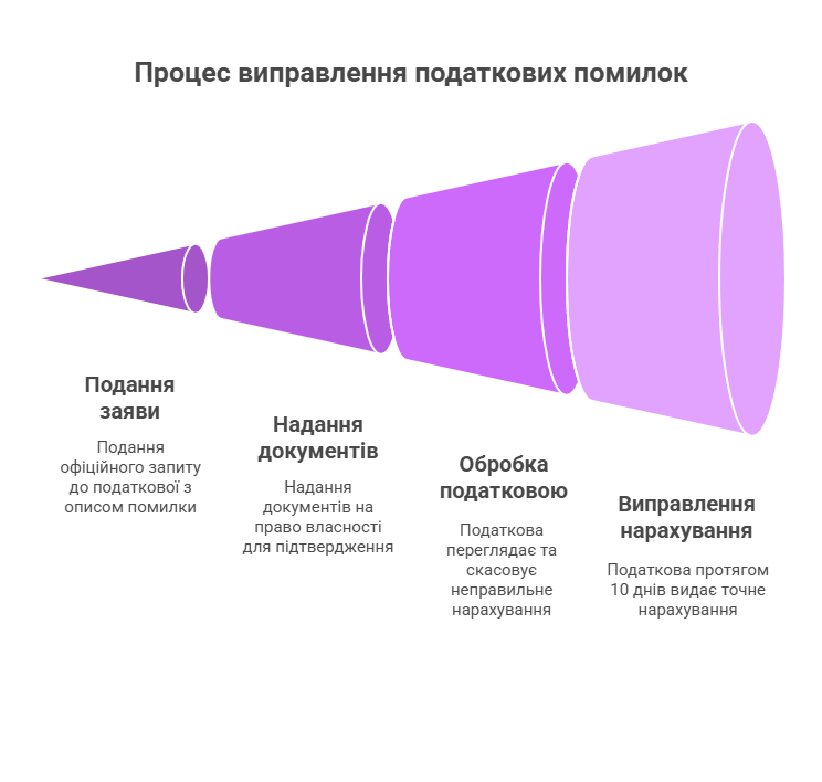 Інфографіка у вигляді воронки демонструє поетапний процес виправлення помилок у нарахуванні земельного податку. 