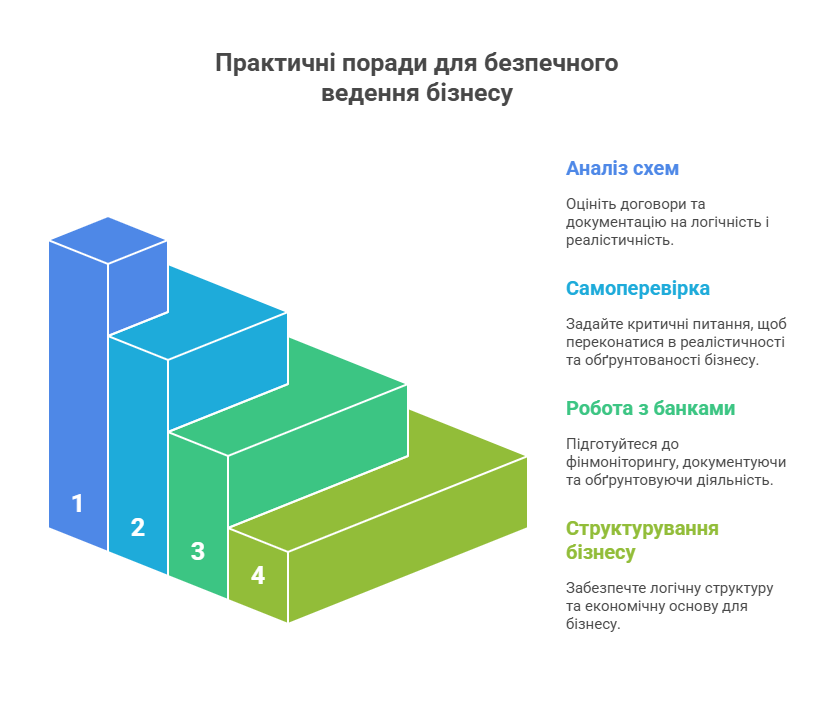 Інфографіка з чотирма ступінчастими блоками практичних порад для безпечного ведення бізнесу - аналіз схем, самоперевірка, робота з банками та структурування бізнесу з детальними рекомендаціями