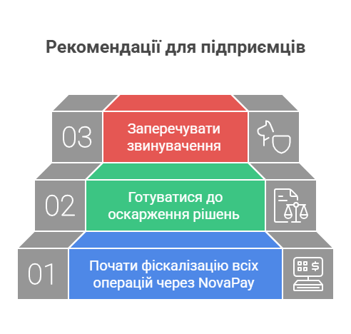 Піраміда рекомендацій для підприємців щодо фіскалізації через Novapay: почати фіскалізацію операцій, готуватися до оскарження рішень, заперечувати звинувачення