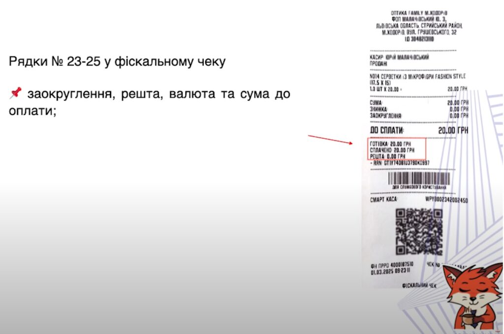 Як правильно оформити фіскальний чек у 2025: чек-лист 13 Рядки № 23-25 у фіскальному чеку - заокруглення, решта, валюта та сума до оплати