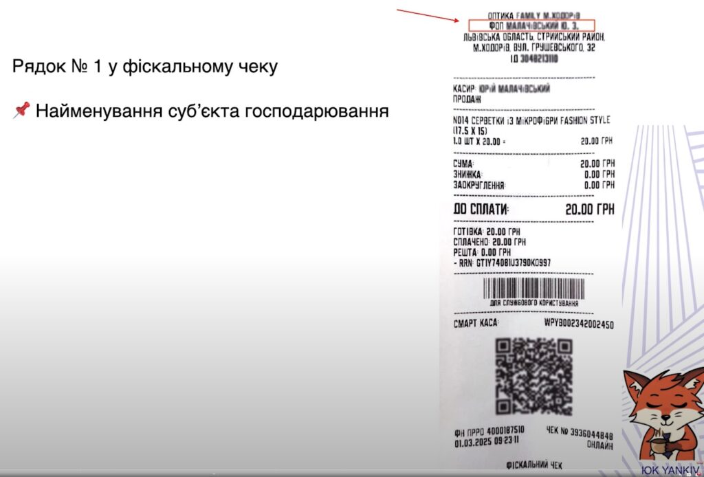 Як правильно оформити фіскальний чек у 2025: чек-лист 5 Рядок №1 у фіскальному чеку - найменування суб'єкта господарювання ФОП