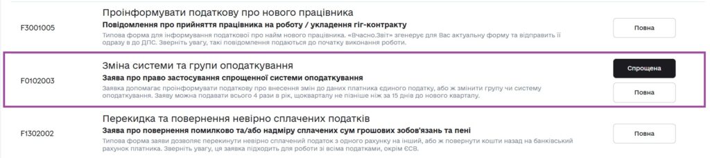 Розділ Звітність у Вчасно.Звіт - обираємо звіт та форму