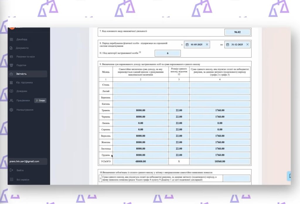 Поле 8: період на спрощеній системі (весь рік — 01.01.2025 – 31.12.2025) Позначаємо місяці, за які платили ЄСВ